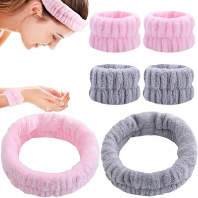 Zachte elastische haarband en wasband set voor gezichtsreiniging, ideaal voor vrouwen, in roze en grijs