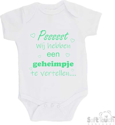 100% katoenen Romper "Pssssst Wij hebben een geheimpje te vertellen...." Zwangerschap Zwangerschapsaankondiging Unisex Katoen Wit/mint Maat 56/62