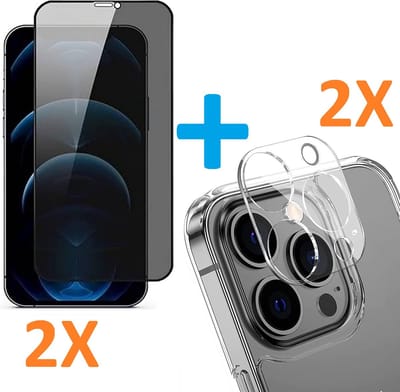 2X Privacy Scherm Tempered Glass Screen Protector Anti-Spy + 2X Camera lens Beschermer Transparant Geschikt voor: Apple iPhone 12