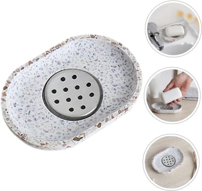 Terrazzo Zeepbakje met roestvrijstalen afdruipbak, beige, zeephouder, natuurlijke steen, beige voor badkamer, wastafel en keuken-Afvoerontwerp voor keukengootstenen en badkamerbladen
