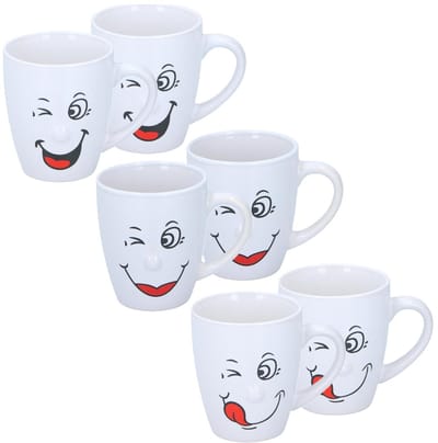 Funny Faces Koffiemokken - drinkbekers - wit - 6x stuks - 3 soorten gezichten - keramiek - 347 ml