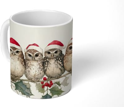 Mok - Koffiemok - Uilen - Tak - Hulstblaadjes - Kerstmuts - Mokken - 350 ML - Beker - Koffiemokken - Theemok
