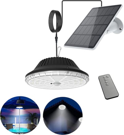 MEDOYOH Hanglamp op zonne-energie, 120 leds, koud wit licht, met afstandsbediening en bewegingsmelder, 4000 mAh, hangend IP55 waterdicht, voor binnenplaats, schuur, balkon, gang, paviljoen, garage