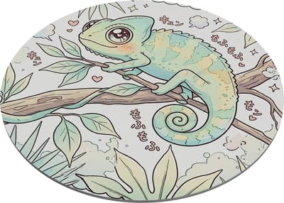 Ronde Muismat Kameleon Kawaii Reptiel – Kleurrijke Dieren Illustratie – Mousepad Japanse Anime Stijl – Uniek Cadeau voor haar: Vriendin & Collega – Bureau Decoratie Tropisch – Schattige Kameleon op Tak Kleurrijk