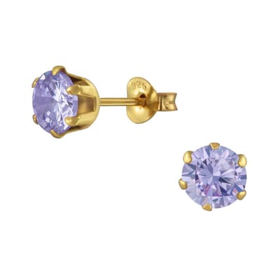 Joy|S - Zilveren 6 mm oorknoppen - rond - zirkonia - lavendel - gold plated