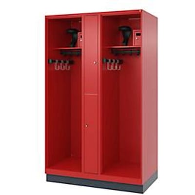 Brandweerkluis C+P Evolo Maxi, 4 vakken voor 2 personen, met helmhouder, met sokkel, B 1200 x D 600 x H 1950 mm, RAL 3000 vuurrood/RAL 7016 antracietgrijs