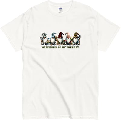 Dames en Heren T Shirt met Grappige Tuinier Gnomen Illustratie - Wit - S