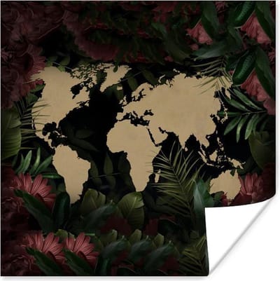 Poster 30x30 cm - Wereldkaart - Bloemen - Roze - Posters - Kamer decoratie - Wanddecoratie woonkamer - Muurdecoratie slaapkamer
