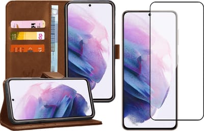 Hoesje geschikt voor Samsung Galaxy S21 - Screen Protector FullGuard - Book Case Kunstleer Pasjeshouder Bruin & Screenprotector