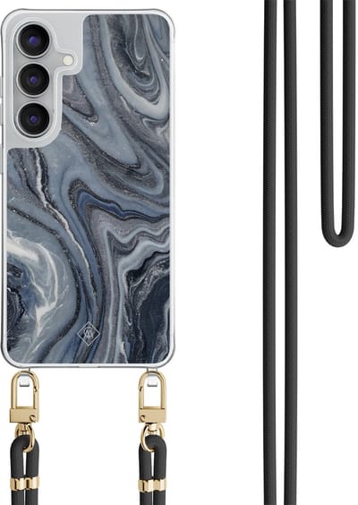 Casimoda® hoesje met zwart koord - Geschikt voor Samsung S25 FE - Midnight Marble - Afneembaar koord - TPU/polycarbonaat - Grijs