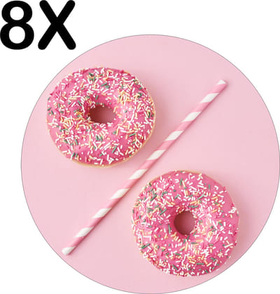 Luxe Ronde Placemat - Roze Donuts met Rietje - Set van 8 Placemats - 50x50 cm - 2 mm dik Vinyl - Anti Slip - Afneembaar