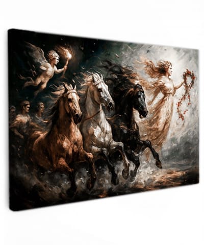 Godin met vurige paarden – mythisch canvas schilderij - 60x40 cm - Muurdecoratie woonkamer - Slaapkamer decoratie - Kamer accessoires - Schilderijen op canvas