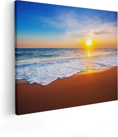 Artaza Canvas Schilderij Zee En Strand - 100x80 cm - Groot - Wanddecoratie Zonsondergang - Muurdecoratie Zeezicht - Schilderijen Op Canvas Golven