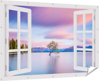 Gards Tuinposter Doorkijk Wanaka Boom in het Water bij Zonsopgang - 180x120 cm - Tuindoek - Tuindecoratie - Wanddecoratie buiten - Tuinschilderij