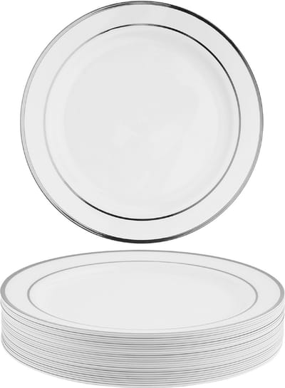Matana – 25 Plastic Borden met Zilveren Rand, 26cm – Wit – Herbruikbaar & Stevig – Voor Bruiloften, Verjaardagen & Kerstmis
