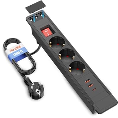 Inbouwstekkerdoos met USB C PD 20W en Schakelaar - 3-Voudig Tafelstopcontact met 2 Meter Kabel