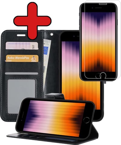 Hoesje - Met Screenprotector - Geschikt voor Apple iPhone SE (2022) - Luxe Pasjeshouder - Flipcase - Bookcase Portemonee - Flip Case - Kunstleer Book Case - Book Cover - Walletcase - Portemonneehoes - Telefoonhoes - Zwart