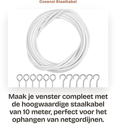 Dailygoods- Staalkabel 10 M - Gordijnset met Haken - Kunststof Gecoat - 10 Paar Ogen - Veerstaal - 4 mm Diameter - Gordijnkabel