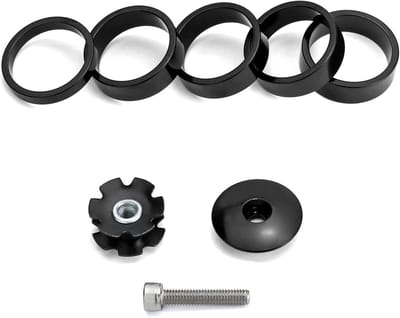 Bicycle Spacer Set voor 1 1/8 Inch 28.6mm Stuurpen met 5/10/10/10/10mm Verhogers en Hoofddeksel voor MTB en Racefietsen (Zwart)