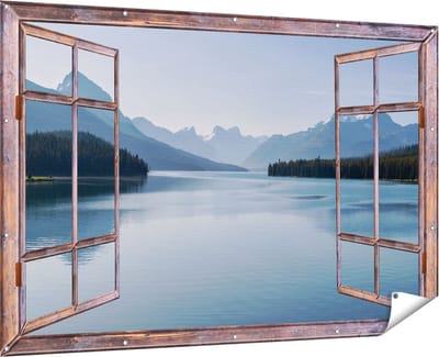 Gards Tuinposter Doorkijk Meer bij de Bergen in Alberta, Canada - 180x120 cm - Tuindoek - Tuindecoratie - Wanddecoratie buiten - Tuinschilderij