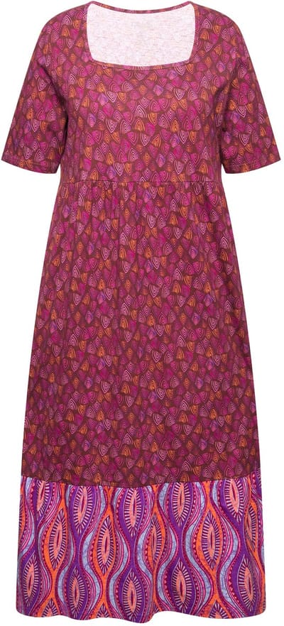 Ulla Popken - Dames - Jersey jurk motiefmix carréhals korte mouwen - Aubergine - Maat 66+