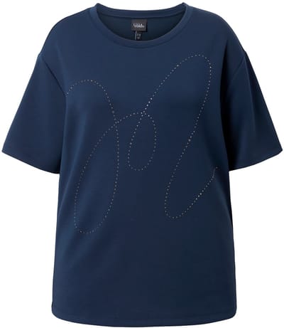 Ulla Popken - Dames - Sweatshirt siersteentjes ronde hals korte mouwen modalmix - Marine - Maat 46+