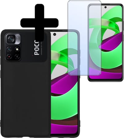 Hoesje - Met Screenprotector - Geschikt voor Xiaomi Poco M4 Pro 5G - Sterk & Shockproof - Back Cover - Siliconen Case - Telefoon Hoes - Telefoonhoesjes - Zwart