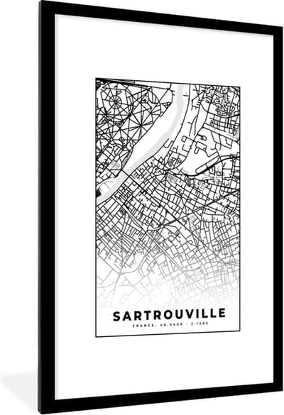 Fotolijst incl. Poster Zwart Wit- Stadskaart - Plattegrond - Sartrouville - Kaart - Frankrijk - Zwart wit - 80x120 cm - Posterlijst