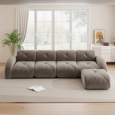 MODENUIT Hoekbank 4-Zits - Modulair met Hocker en Antislip Onderzijde - Voor Woonkamer - Chenille - Bruin