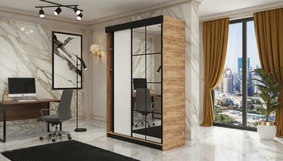 Kledingkast met Schuifdeuren en Spiegel Casa Velluto Lamaro Deluxe – Moderne Garderobe voor Slaapkamer en Hal – Wardrobe 167x205x59 cm – Eiken Artisanat Goud & Wit – Opbergkast met Planken en Lade