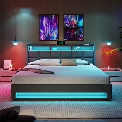 VVBV Gestoffeerd Bedframe 180x200 cm - LED-Verlichting, Lattenbodem, Voor Kinderen/Tieners - Metaal/Linnen - Zonder Matras