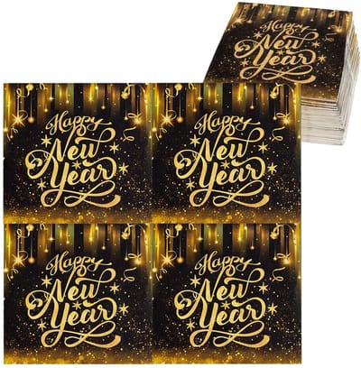 Dailygoods- Servetten 40 stuks - Luxe Papieren Servetten - Nieuwjaar Servetten - Zwart/Goud - Elegante Tafeldecoratie - Happy New Year Print - Feestservetten