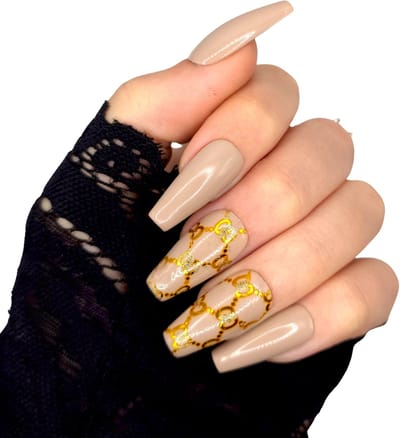Nude Plaknagels met Goud Accent - Lang Coffin Plaknagels - Press On Nails - SD Press on Nails - Nagelset B-22