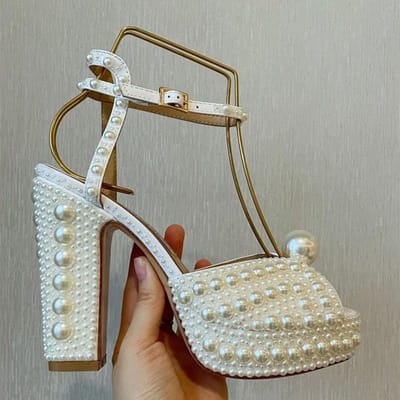 Volledig Handgemaakt Parels Dikke Hak Peep toe Dames Sandalen Zomer Platform Wedges Hoge Hakken Bruiloft Banket Schoenen 35 gray