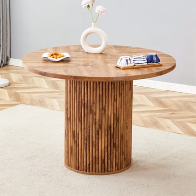 Wishdor - Ronde Eettafel - 4-Delig Blad En Cilindervormige Poot - Modern - MDF En Metaal - Houtkleur - 100 Cm