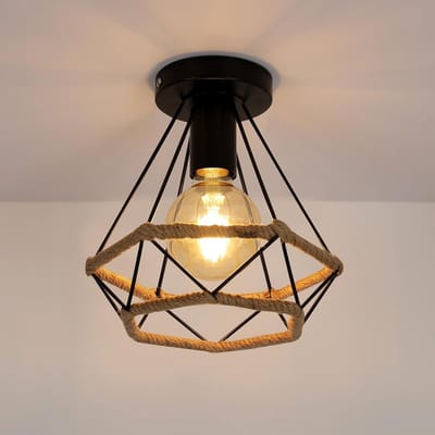 Haobosic - Retro industriële plafondlamp van metaal met kooi, lampenkap van henneptouw, ideaal voor slaapkamer, café, bar, restaurant of keuken
