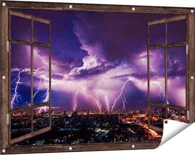 Gards Tuinposter Doorkijk Blikseminslag op een Stad in het Paars - 120x80 cm - Tuindoek - Tuindecoratie - Wanddecoratie buiten - Tuinschilderij