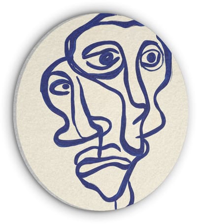 Akoestisch wandpaneel rond 30x30 cm - Vilt schilderij Lijntekening - Overlappende gezichten - Donkerblauw - Ronde akoestische panelen - Geluidsdempende wanddecoratie - Geluidsisolatie wandcirkel - Muurdecoratie geluidspanelen