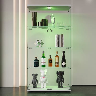 Glazen vitrinekast met 4 planken, dubbele glazen deur, LED-verlichting en slot, voor hal, woonkamer, slaapkamer, wit