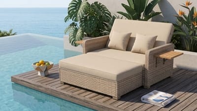 Zonneligbed 2 Personen 166x166x55 cm met Verstelbare Rugleuning en Zijplank – Polyrotan Loungebed met Kussens voor Tuin, Balkon en Terras – Beige/Grijs Gemêleerd – Bella