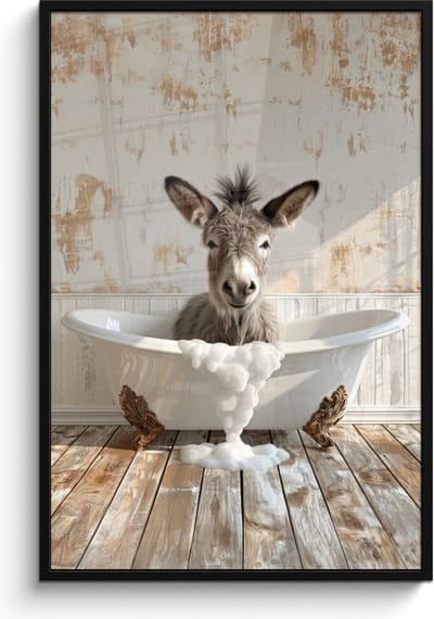 Poster in lijst - Fotolijst 80x120 cm - Posters - Ezel - Dieren - Badkuip - Schuim - Posterlijst zwart - Wanddecoratie badkamer - Muurdecoratie WC - Decoratieve accessoires - Toilet muur decoratie