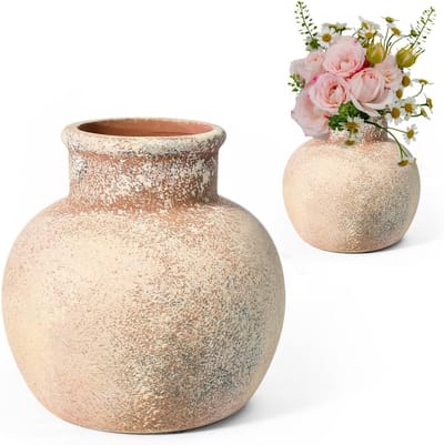 Famanu – Antieke keramische vaas in terracotta look, rustiek en vintage design voor binnen en buiten, decoratieve bloemenvaas 14 x 14 cm