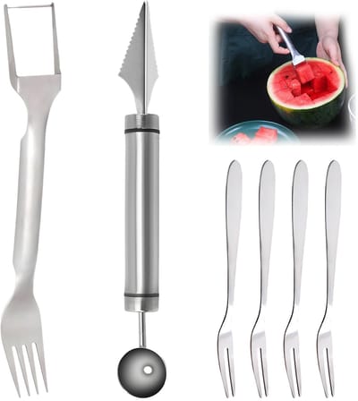 2-in-1 fruitsnijder van roestvrij staal, meloensnijder, 6 stuks, watermeloensnijder, dubbele kop, fruitvork-snijmes, voor cantaloupe, papaja, drakenvruchten, watermeloen