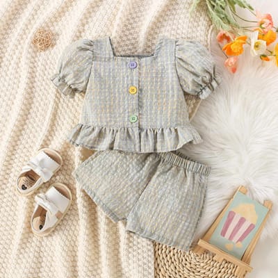 (0-3 ans) Ensemble d'été pour bébé fille en coton à carreaux de couleur avec haut à manches bouffantes et short. Ensemble deux pièces de style princesse mignon pour filles. 2-3Y vert forêt