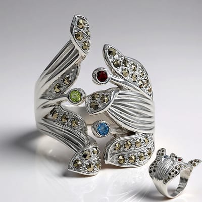 Cavill - Multigem Ring 925 Sterling Zilver - Zwitsersblauwe Topaas 0,04 ct, Peridoot & Mozambique Granaat - Geometrisch Design - Luxe Sieraad
