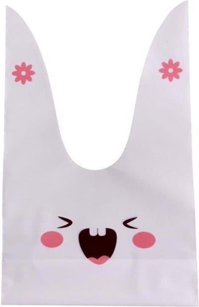 50x Uitdeelzakjes Wit - Roze Lachend Konijn 13x22cm - Plastic Traktatie Kado Zakjes - Snoepzakjes - Koekzakjes - Koekje - Cookie Bags - Pasen - Kinderverjaardag