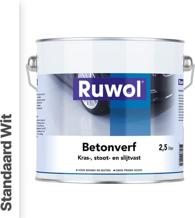 Ruwol Betonverf Standaard Wit 2,5 liter - Voor binnen en buiten - Alle kleuren - Kras-, stoot- en slijtvaste verf voor beton en steen - Betonverf voor buiten