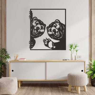 Wanddecoratie - Beren - Hout - Wall Art - Muurdecoratie - Zwart - 66 x 59 cm