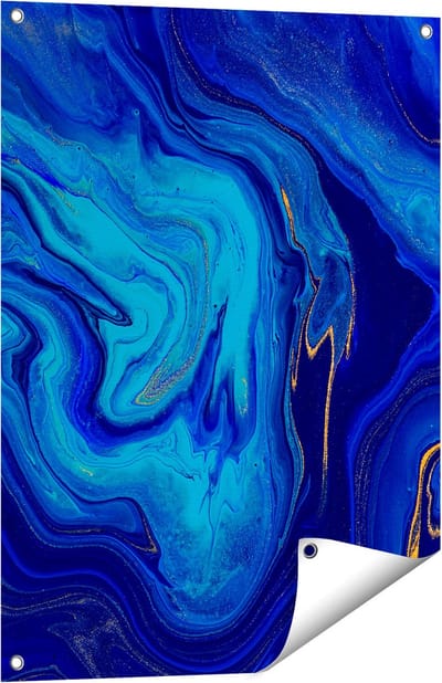 Gards Tuinposter Abstracte Kunst - Blauw met Gouden Verf - 60x80 cm - Tuindoek - Tuindecoratie - Wanddecoratie buiten - Tuinschilderij