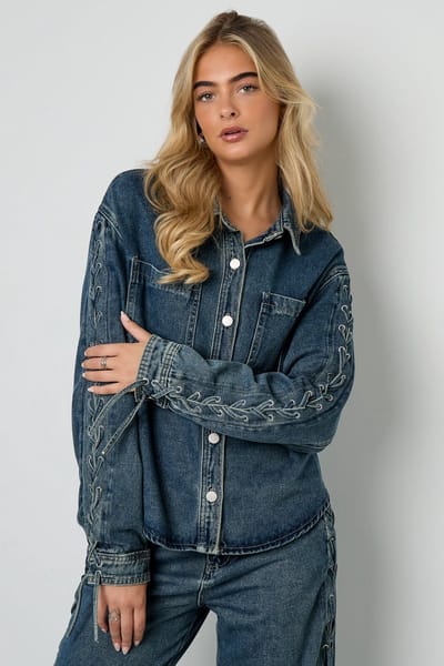 Comfortabel Geweven Katoenen Dames Jeansjack met Sluitingen op de Mouwen - Blauw - Maat L